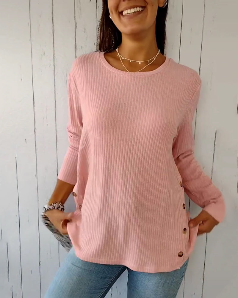 Aubrielle | Ribbed Knit Long Sleeve Top – Solid Colour Round Neck Shirt for Women