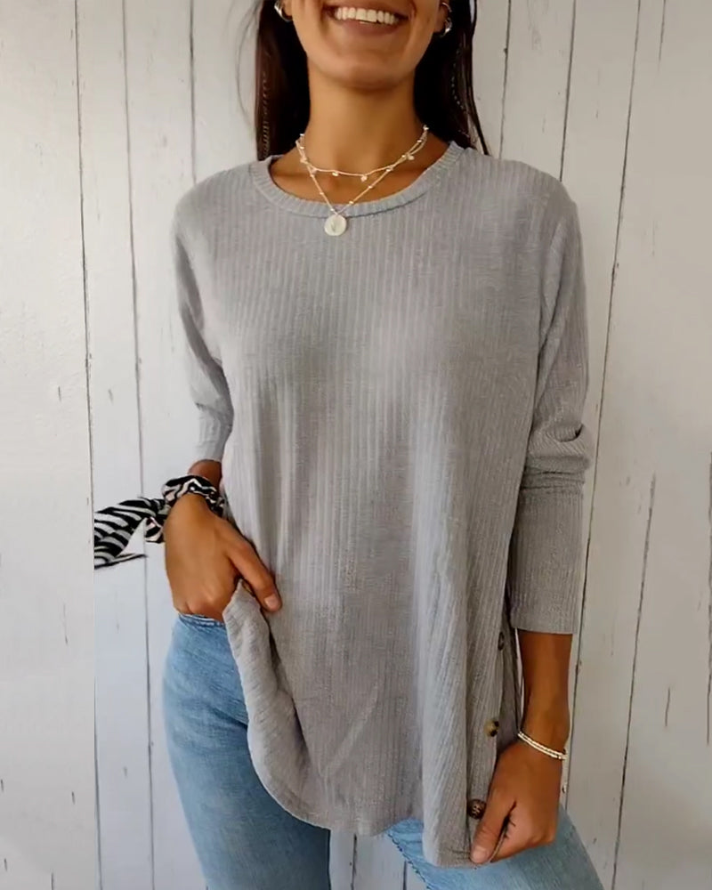 Aubrielle | Ribbed Knit Long Sleeve Top – Solid Colour Round Neck Shirt for Women