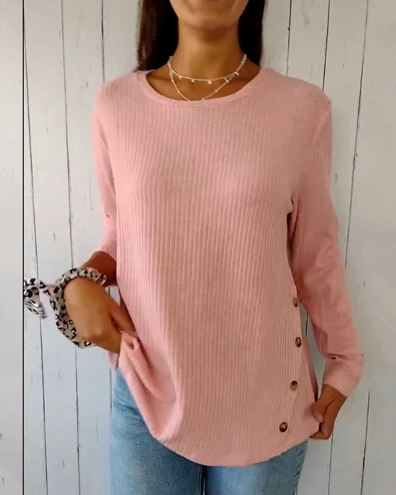 Aubrielle | Ribbed Knit Long Sleeve Top – Solid Colour Round Neck Shirt for Women