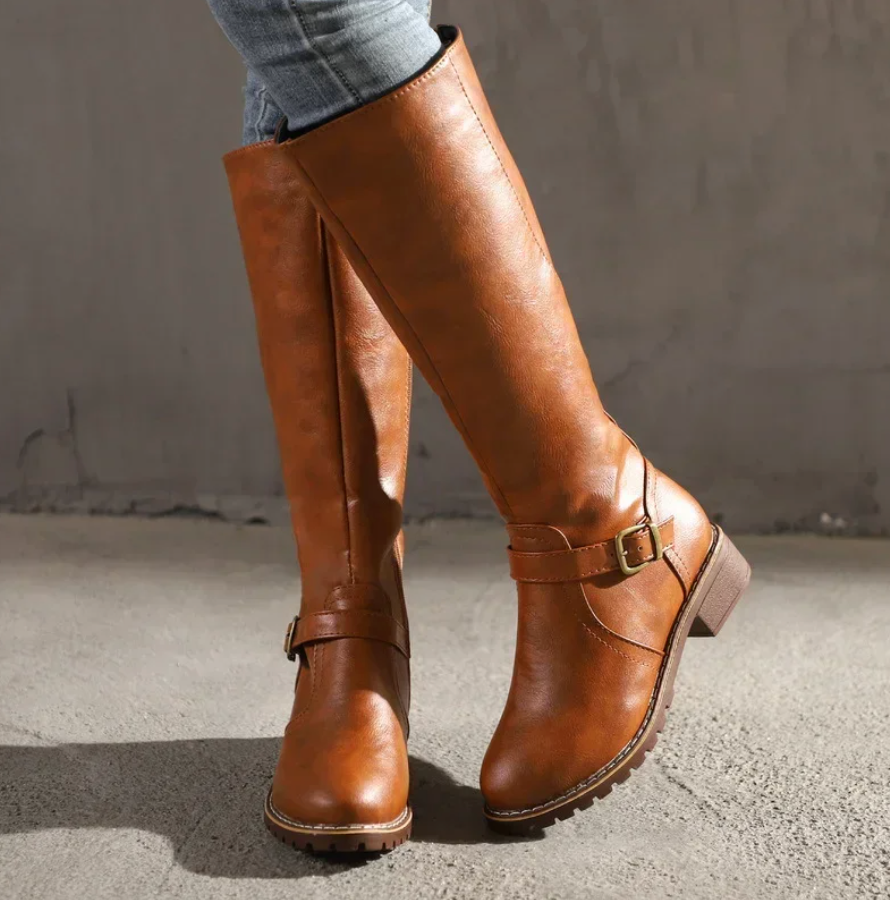 Lily | Women’s Knee High Boots with Buckle Strap & Low Block Heel