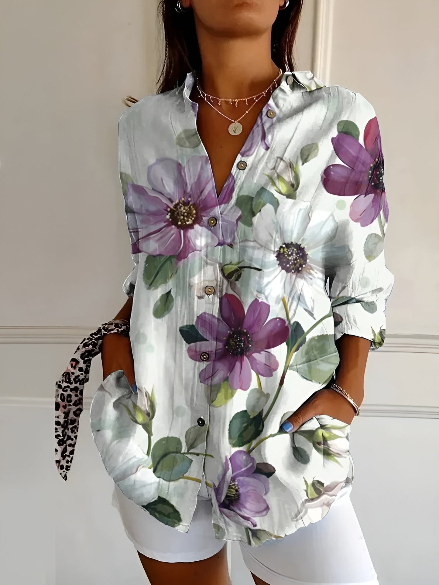 Harriet | Women's Buttoned Floral Detail Casual Blouse – Elegant & Light