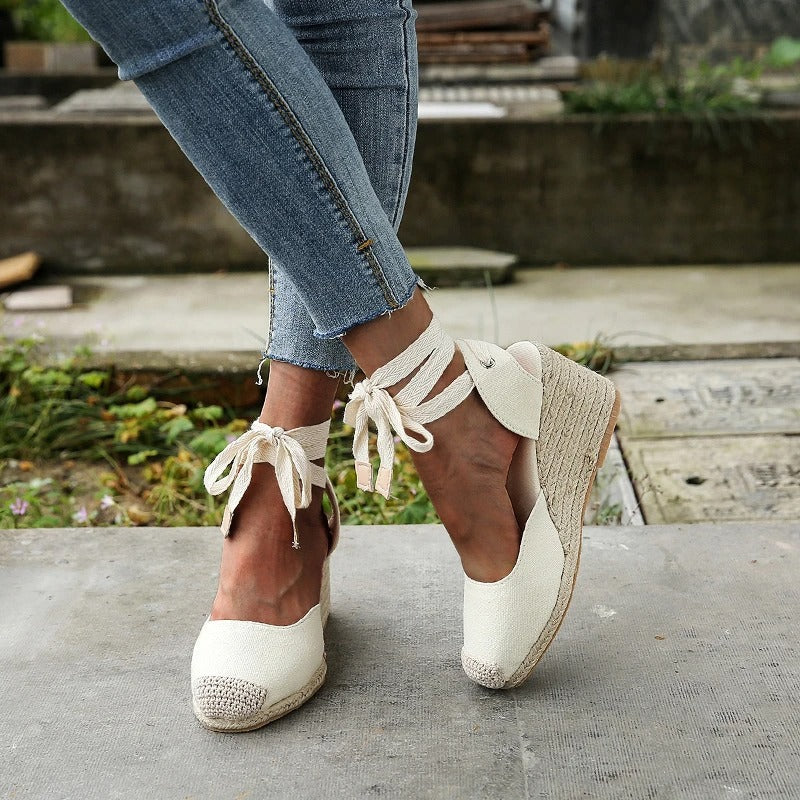 Nancy | Women's Closed Toe High Wedge Heel Lace Tie Casual and Formal Sandals