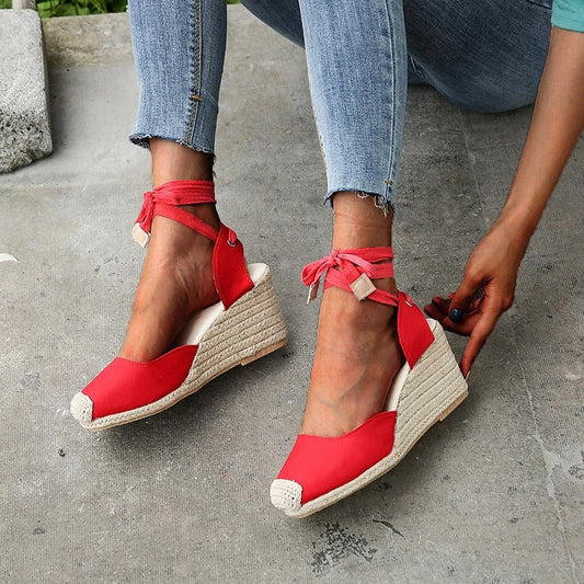 Nancy | Women's Closed Toe High Wedge Heel Lace Tie Casual and Formal Sandals