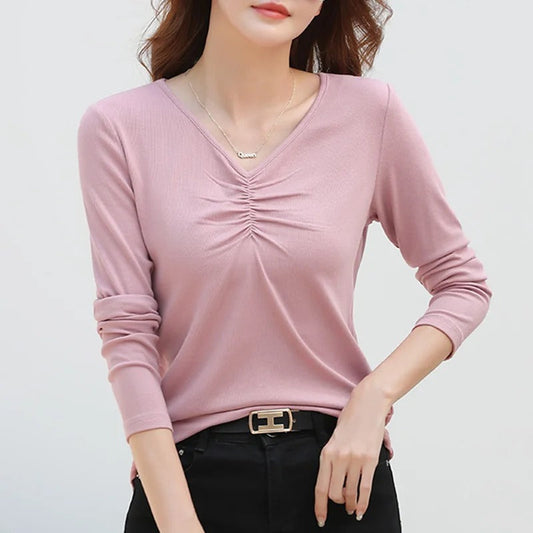 Haydee | Women's Solid Color V Neck Long Sleeve Blouse – Classic and Elegant