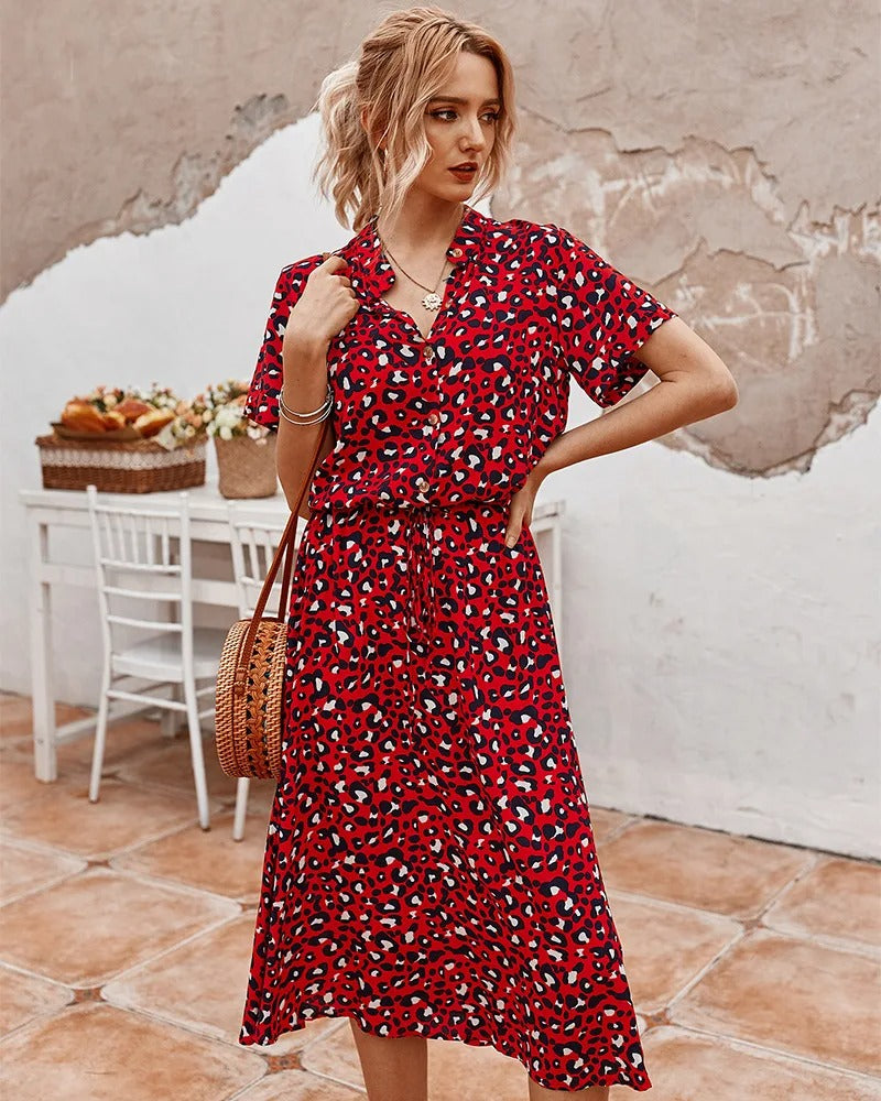 Astrid | Women's Polka Dot/Leopard Print Tie Waist Midi Summer Dress
