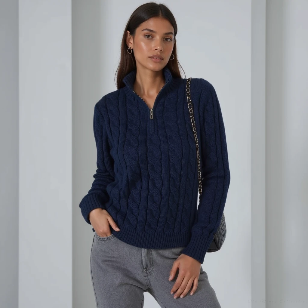 Tessiana | Women's Cable Knit Sweater with Zip and High Collar – Stylish Comfort for Every Season