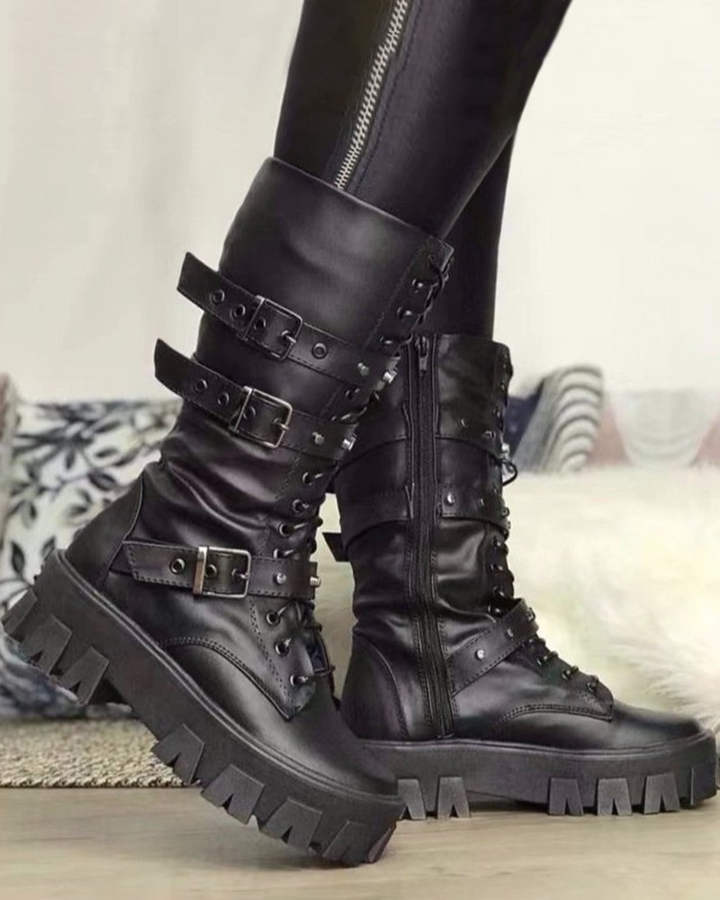 Elwynn | Women's White Military-Style Boots with Lace-Up Design and Buckle Detailing