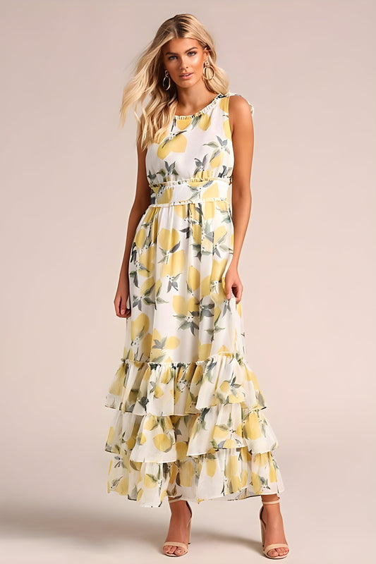 Nellie | Women’s Lemon Print Tie-Strap Maxi Dress with Layered Ruffles