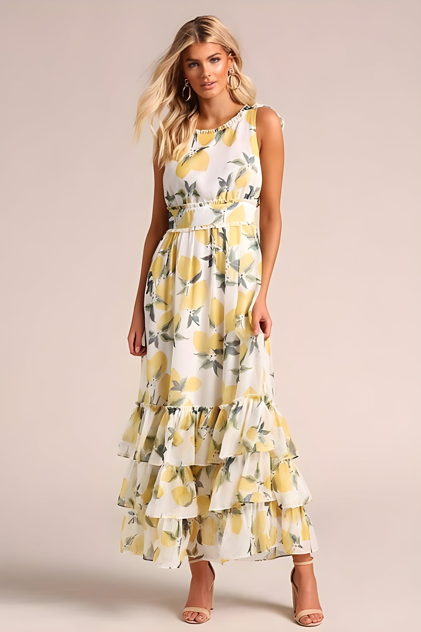 Nellie | Women’s Lemon Print Tie-Strap Maxi Dress with Layered Ruffles