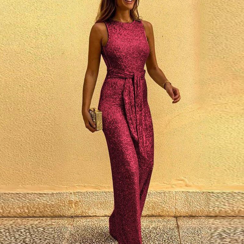 Lysandra | Women's Shiny Sequin Sleeveless Jumpsuit with Belted Waist – Elegant Round Neck Party Outfit