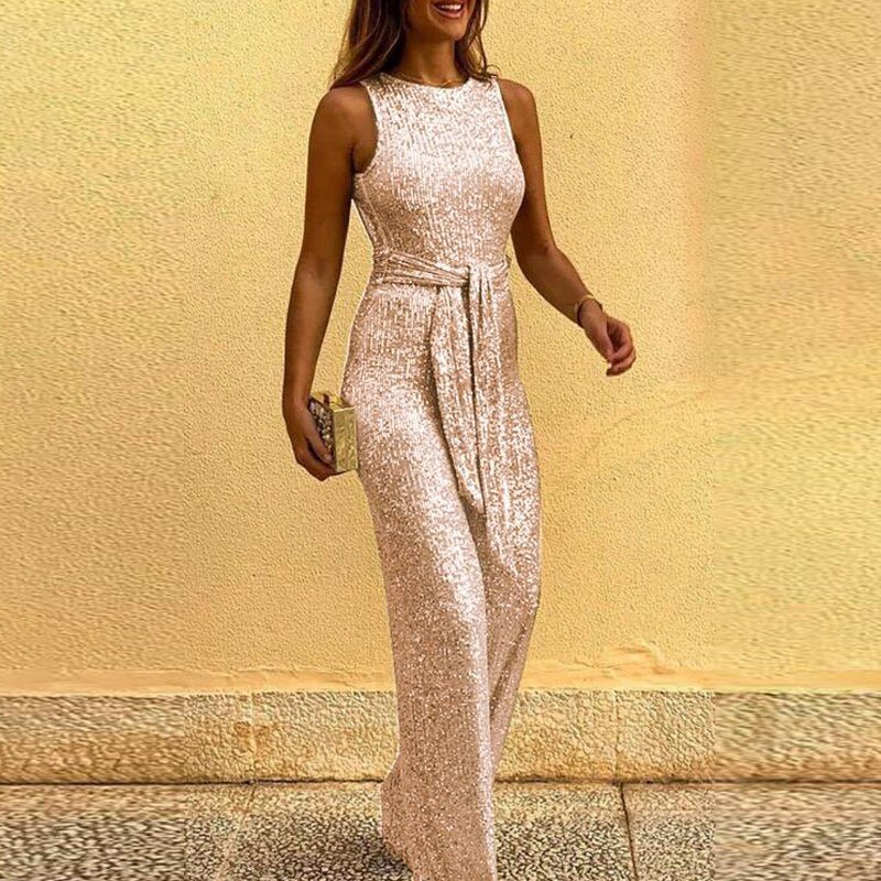 Lysandra | Women's Shiny Sequin Sleeveless Jumpsuit with Belted Waist – Elegant Round Neck Party Outfit