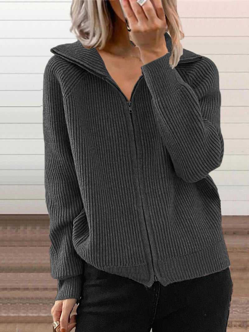 Yalora | Zip-Up Knitted Cardigan with Timeless Solid Design – Casual & Stylish